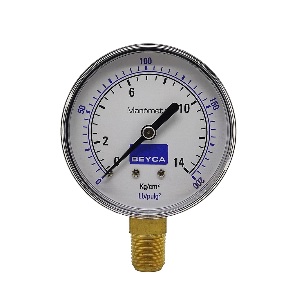 MANÓMETRO BEYCA 63MM. ESTANDAR 0-14KG/CM2 ROSCA INF. 1/4 BSPT VISOR POLICARBONATO.