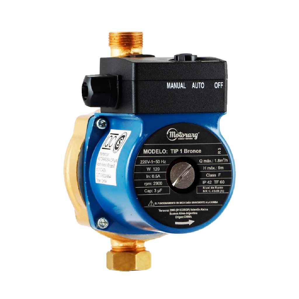 [A.TI.3.B001.M] BOMBA PRESURIZADORA MOTORARG MODELO TIP 1 - BRONCE - HASTA 2 CONSUMOS - TANQUE ELEVADO