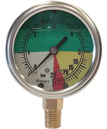 [MGS10/A/63/25B] MANÓMETRO BEYCA 63MM INOX-BRONCE 0-25 BAR ROSCA INF. 1/4 CON GLICERINA - PARA PULVERIZADORA