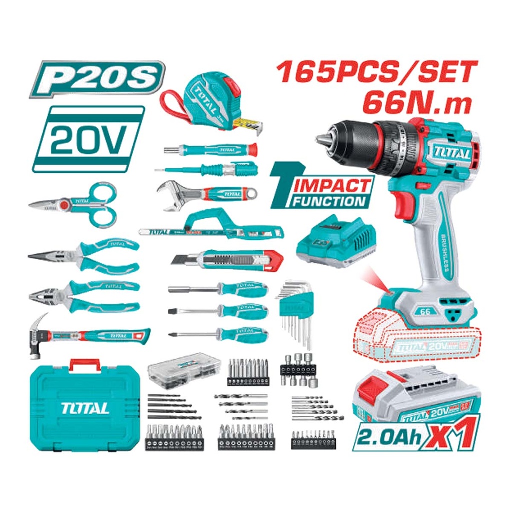 Kit Taladro 20V +  165 Accesorios TOTAL THKTHP11652-4