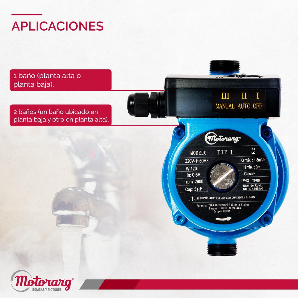 BOMBA PRESURIZADORA MOTORARG MODELO TIP 1 HASTA 2 CONSUMOS - TANQUE ELEVADO