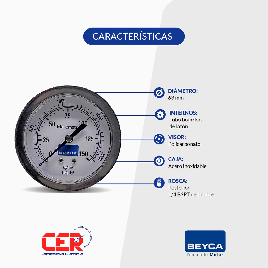 MANÓMETRO BEYCA 63MM INOX-BRONCE 0-150KG. ROSCA POST. 1/4 NPT