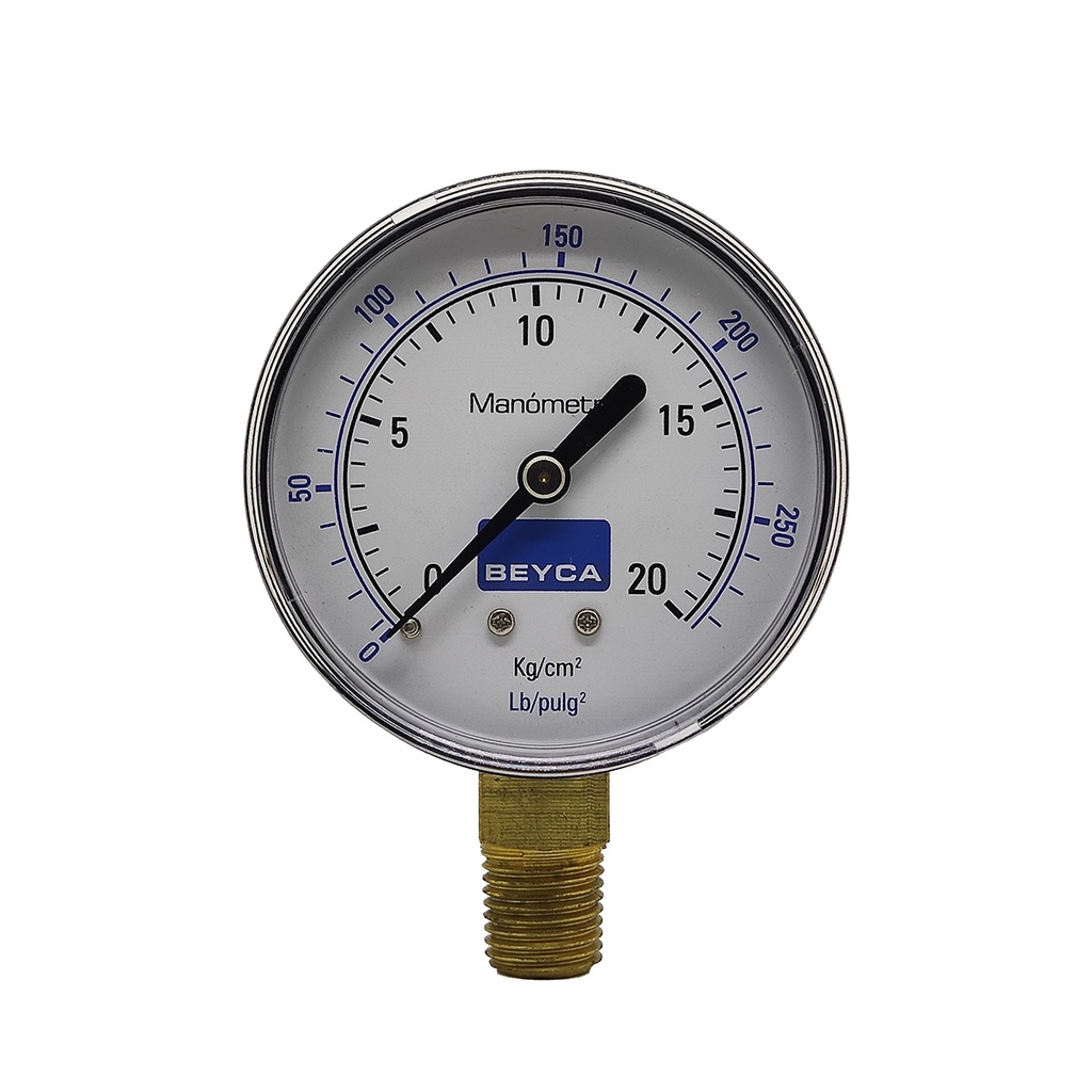 MANÓMETRO BEYCA 63MM. ESTANDAR 0-20KG/CM2 ROSCA INF. 1/4 BSPT VISOR POLICARBONATO.