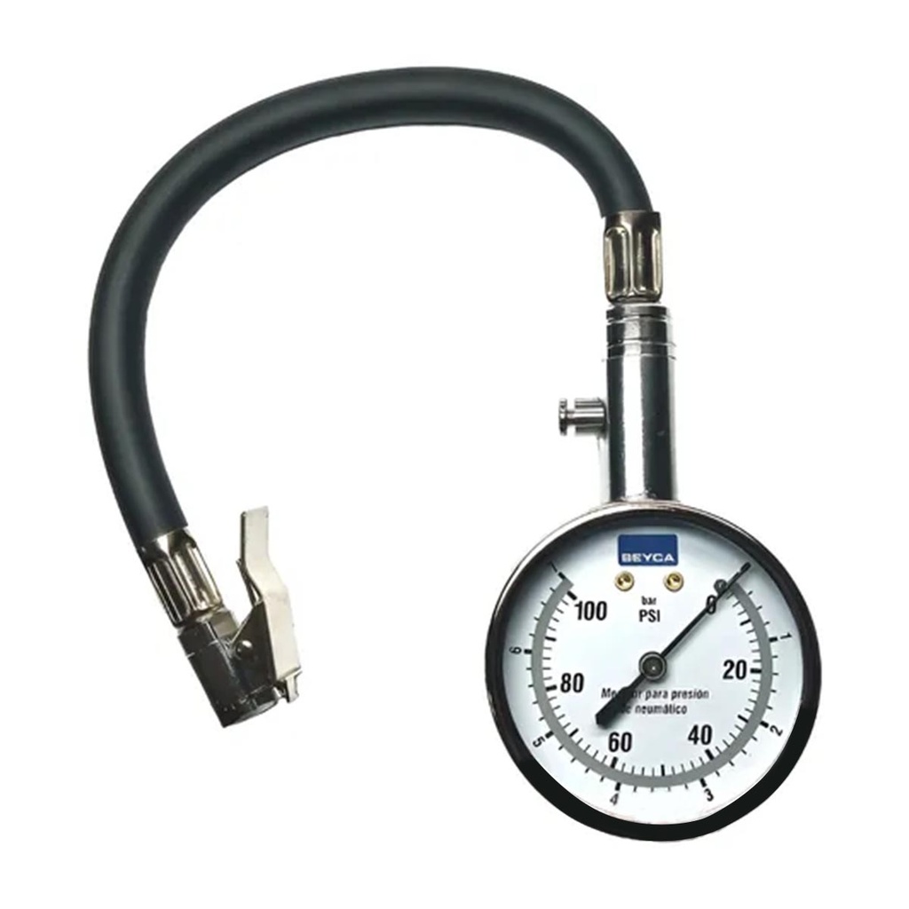 MEDIDOR DE NEUMATICO BEYCA CROMADO 58MM 100PSI CON MANGUERA RACORD SIMPLE