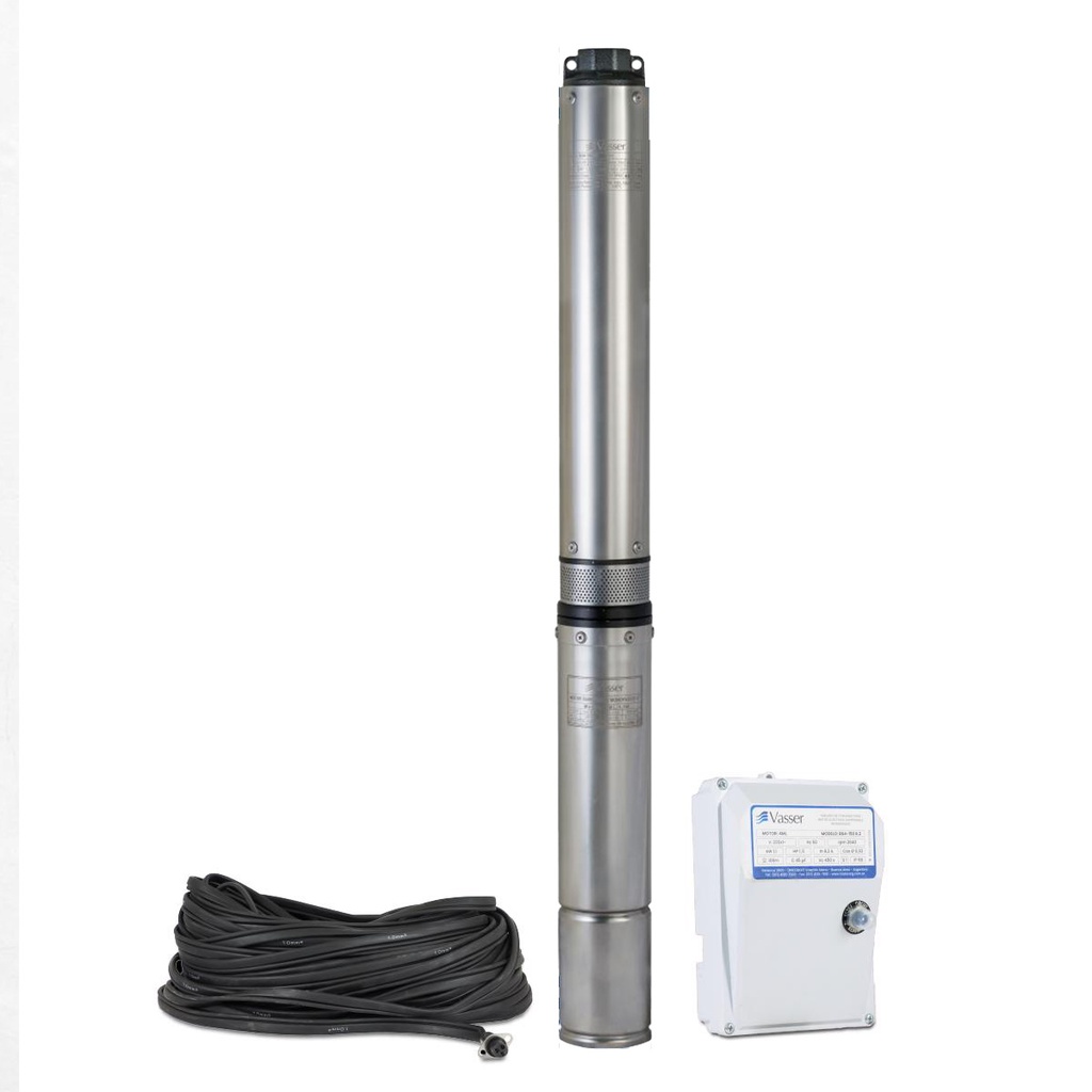 BOMBA SUMERGIBLE DE POZO VASSER 4 PULGADAS MODELO BS4-100 CON TABLERO - 1 HP - 55 MTS - 220V + CABLE