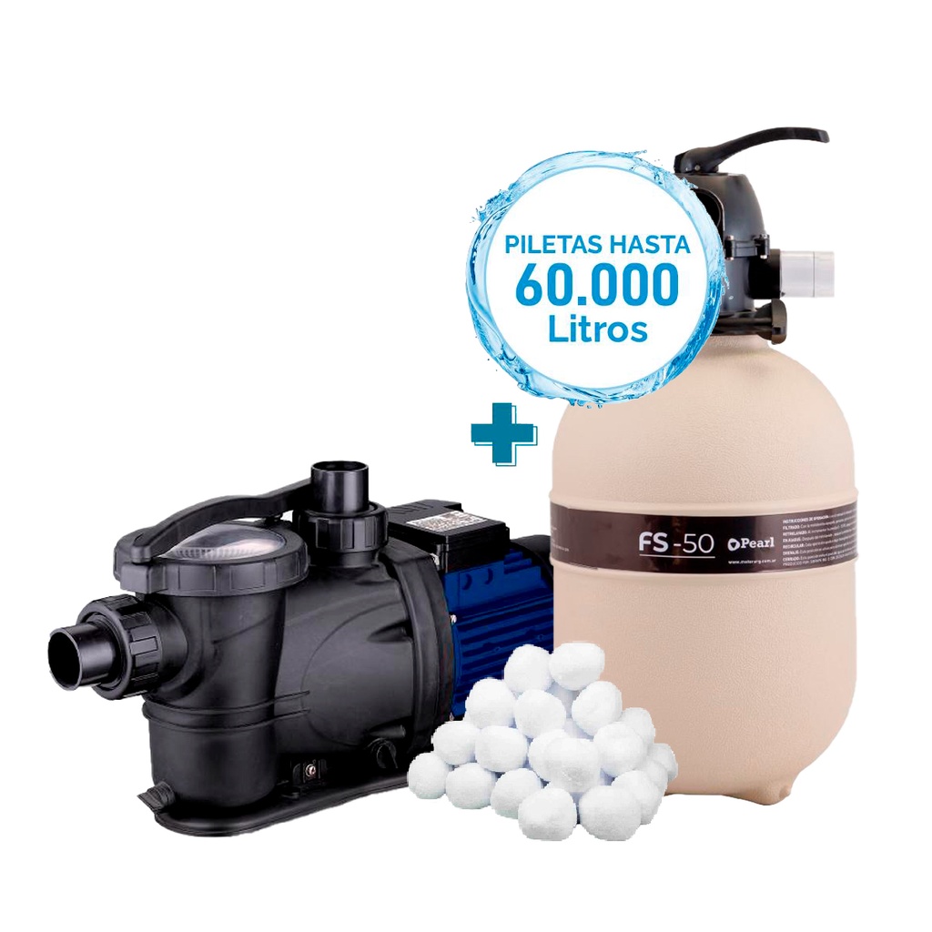 COMBO PEARL BOMBA POOL II 50 + FILTRO FS-50 + CARGA FILTRANTE - PISCINAS HASTA 60.000 LTS