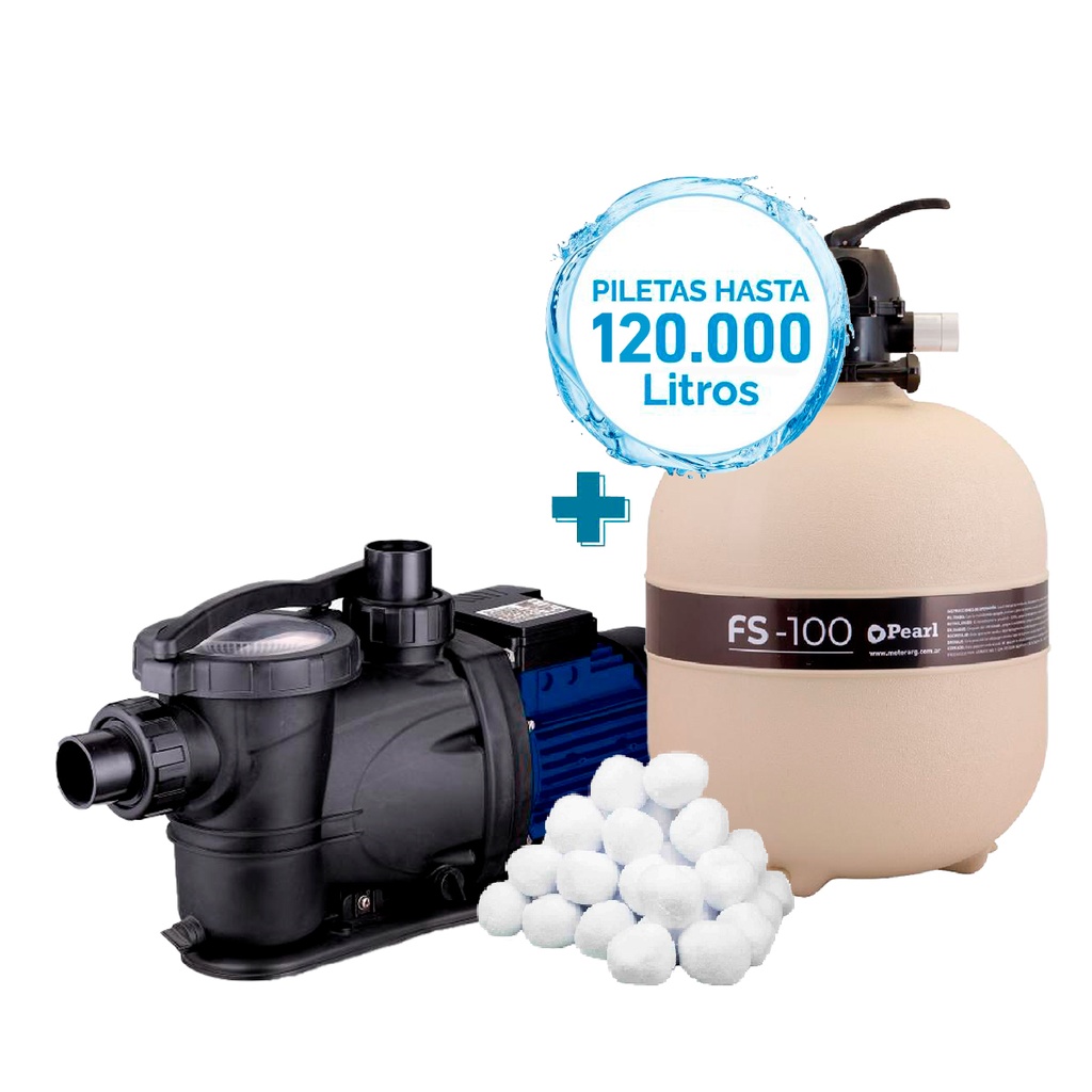 COMBO PEARL BOMBA POOL II 100 + FILTRO FS-100 + CARGA FILTRANTE - PISCINAS HASTA 120.000 LTS