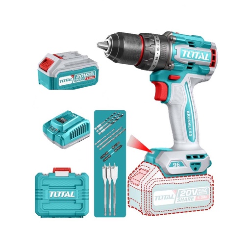 [V2VITI300] Taladro Percutor 20V BL 2000rpm 96Nm INDUSTRIAL TOTAL TIDLI20968-4 (MALETIN, CARGADOR, Y 2 BATERIAS 4Ah)