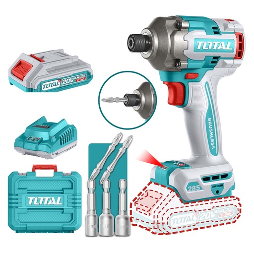 [V2VIAI210] Atornillador de Impacto 20V BL 1/4 285Nm INDUSTRIAL TOTAL TIRLI2028-4 (MALETIN, CARGADOR, Y 2 BATERIAS 2Ah)